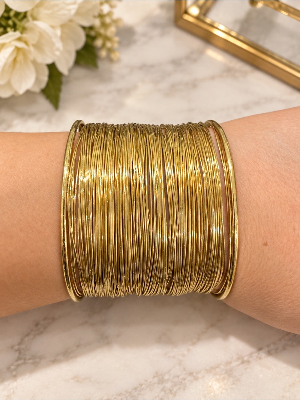 Gold Tone Multi Strand Wire Cuff Bracelet Wide Statement Boho Jewelry